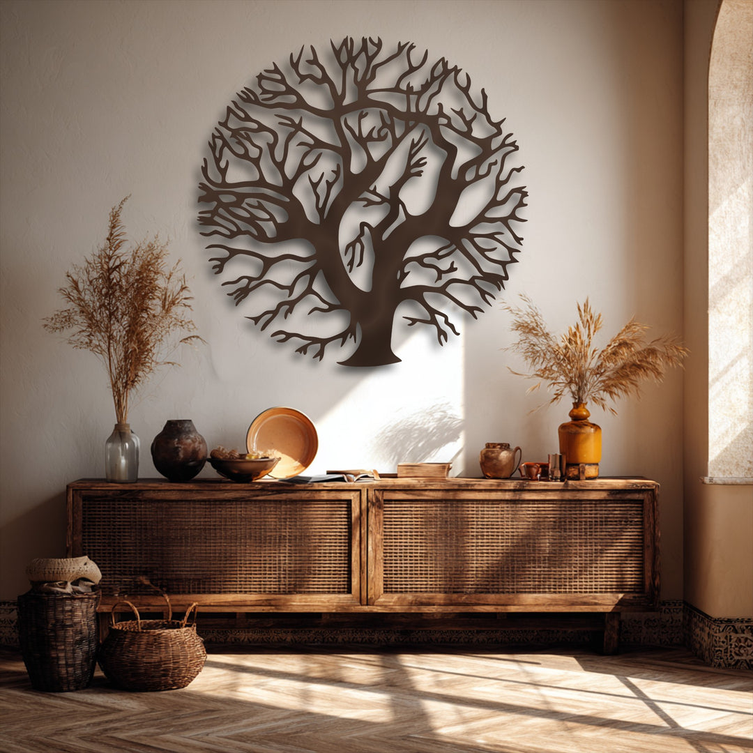 The intricate negative space of the round Tree of Life unique metal wall art creates a captivating silhouette and dramatic shadows on the wall.