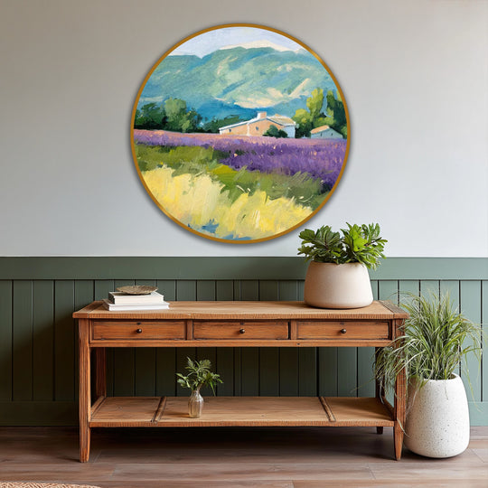 The stillness of the scene captures a lavender field and mountain landscape in this round oil painting reproduction print, evoking a tranquil retreat.