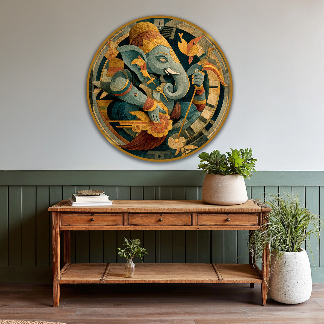Darkest area highlights the depth in this sacred Ganesha circle, a mythological round wooden oil painting art prints, bringing classical fine art to your home.