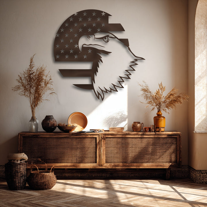 The focal point is a striking decorative metal art piece, a patriotic American eagle emblem with a flag design.