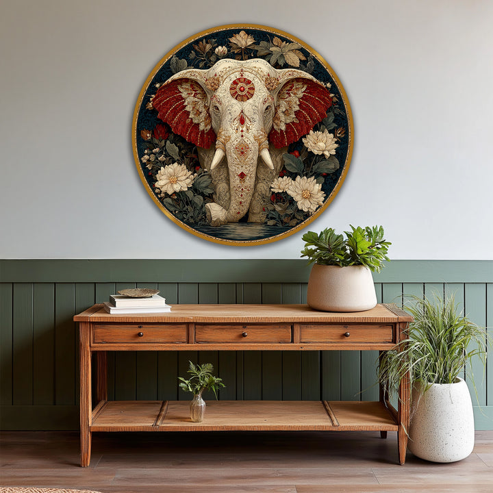 Calming elegance radiates from this round oil painting reproduction print of an elephant on wood, showcasing ornamental crimson ears and a soothing, decorative mood.