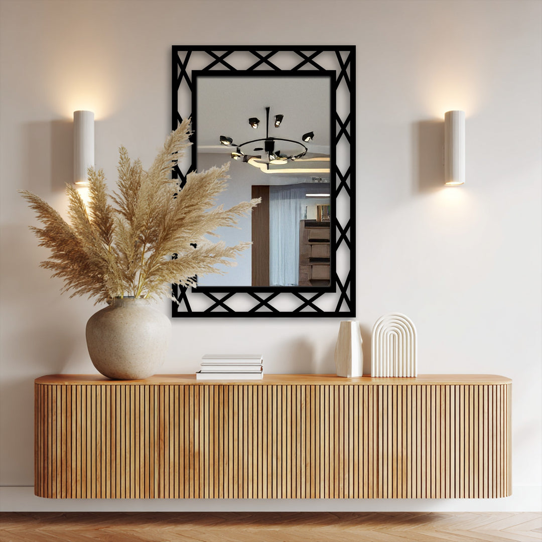 Undulating outwards, the diamond lattice black metal framed wall mirror creates a dynamic sense of movement with its geometric patterns and reflective surface.
