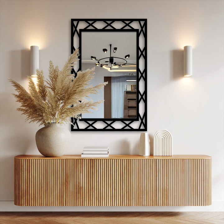 Undulating outwards, the diamond lattice black metal framed wall mirror creates a dynamic sense of movement with its geometric patterns and reflective surface.