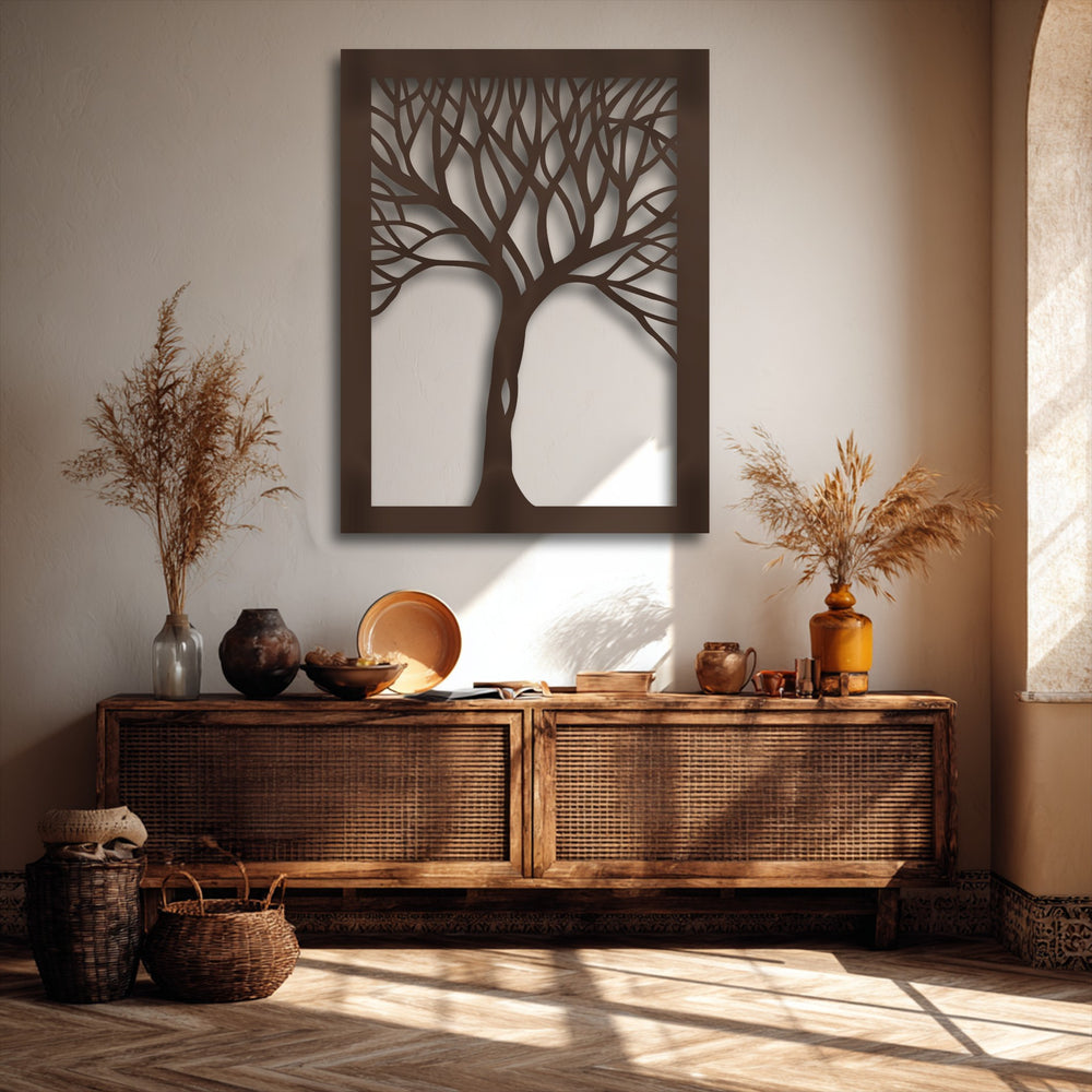 Strong light and shadow interplay highlights an abstract tree silhouette decoration wall art, casting intricate patterns throughout the room.