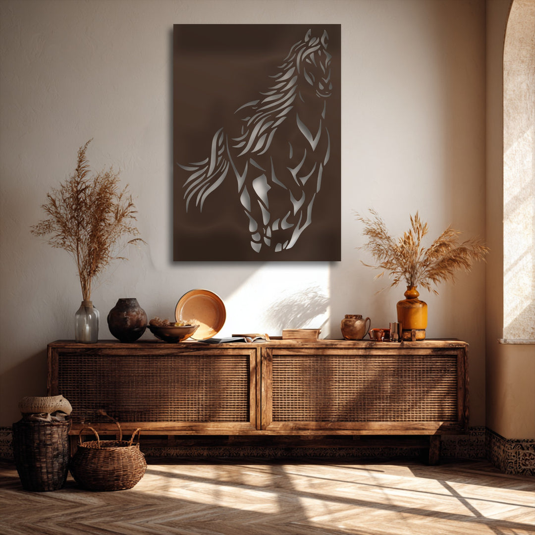 Organic forms of a majestic wild spirit horse gallop across this dynamic silhouette metal art for wall, complementing the natural room decor.