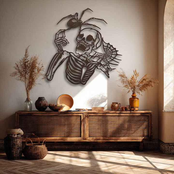 The soft color saturation enhances the gothic skeleton and spider metal art for wall, creating a subtly chilling dark aesthetic.