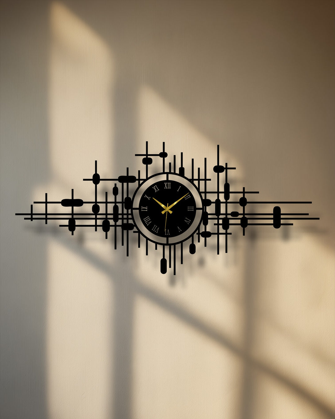 Featuring its bold abstract design, this modern metal wall clock provides standout metal art for wall with a striking geometric grid and roman numerals.