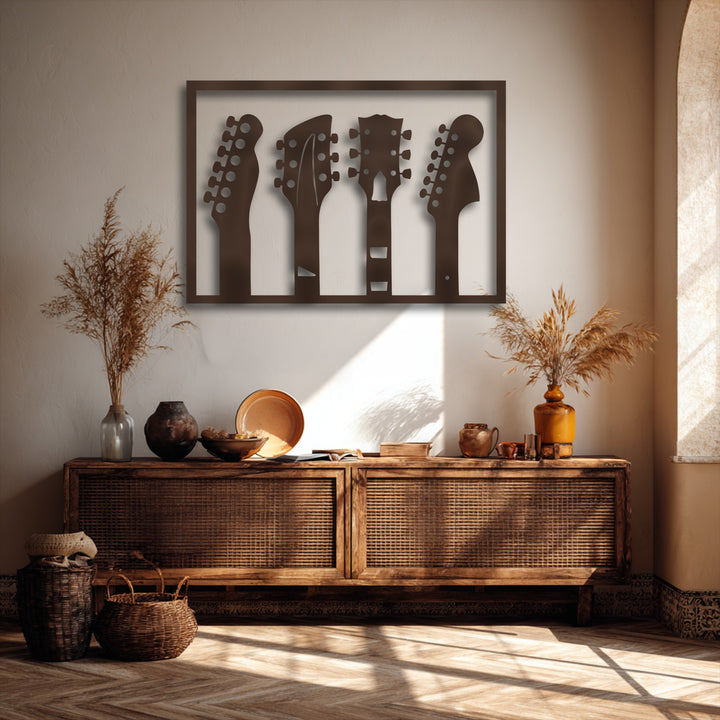 The striking Guitar Headstock Silhouettes decorative metal art immediately draws the eye, becoming the room's central visual focus.