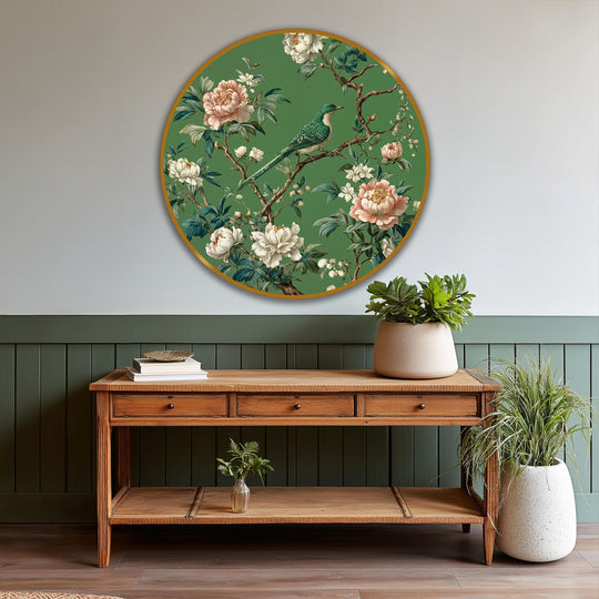 Brightest with the lush blossoms, this round emerald songbird among blossoms oil painting wall art showcases a vibrant green bird in a botanical scene.