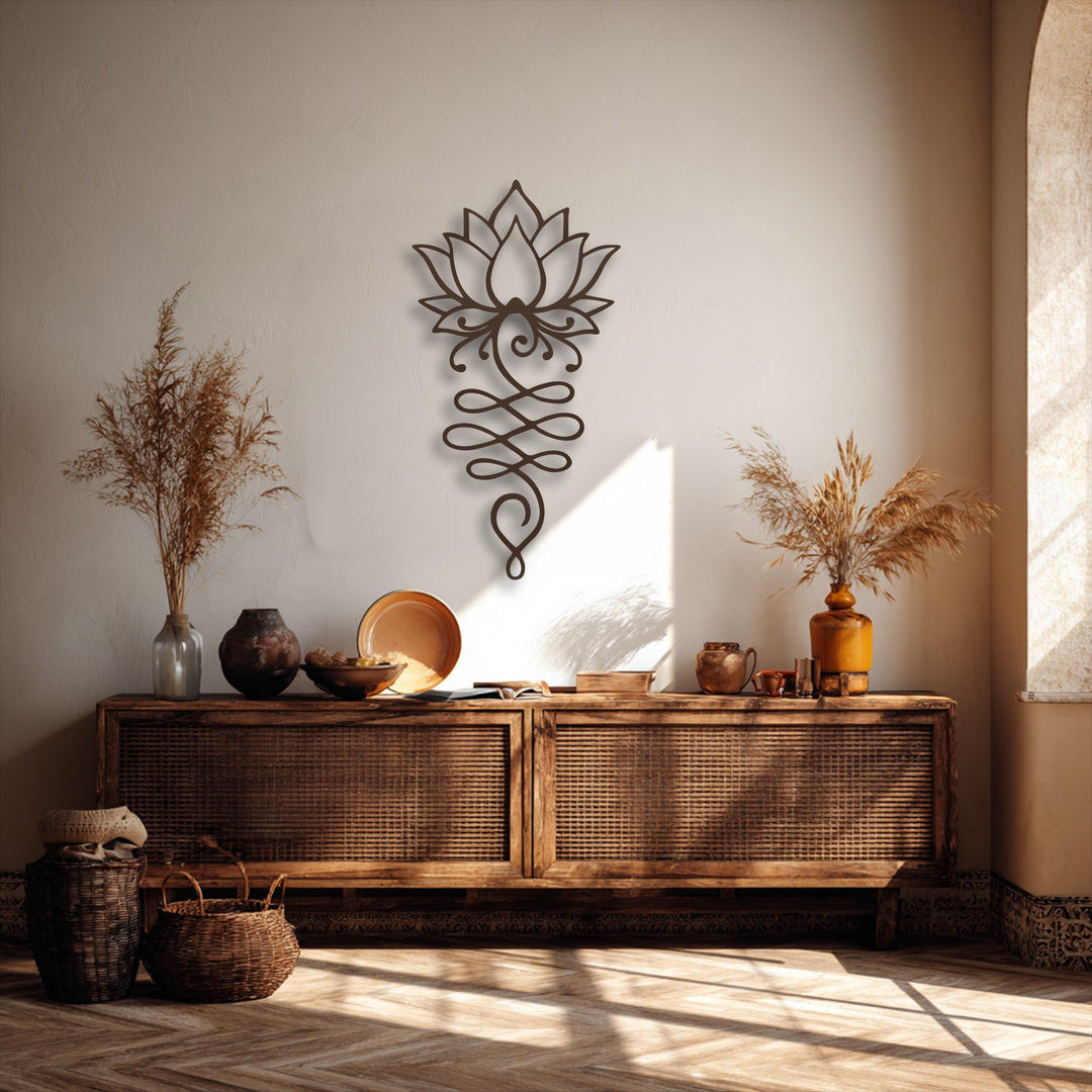 The elegant brown metal lotus flower symbol, a stunning piece of decoration wall art, stands out against the wall.