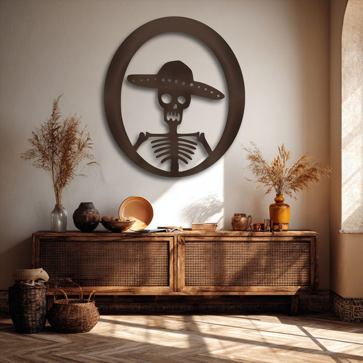 Abstractly rendered, this metal art for wall features a stylized Sombrero Skeleton within a circle, embodying unique Day of the Dead decor.