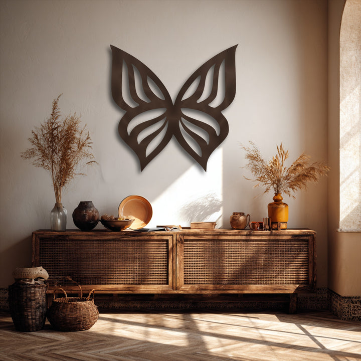 Realistic details capture the elegant butterfly silhouette metal decoration wall art casting a soft shadow on a textured wall above rustic decor.