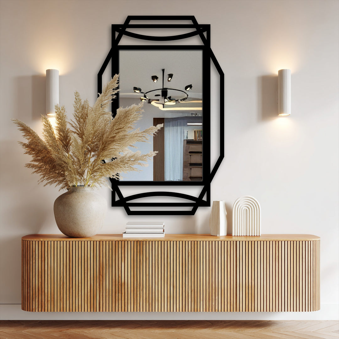 Black metal art for wall accentuates the geometric frame of this Art Deco arch rectangular mirror, giving it a sleek and modern finish.