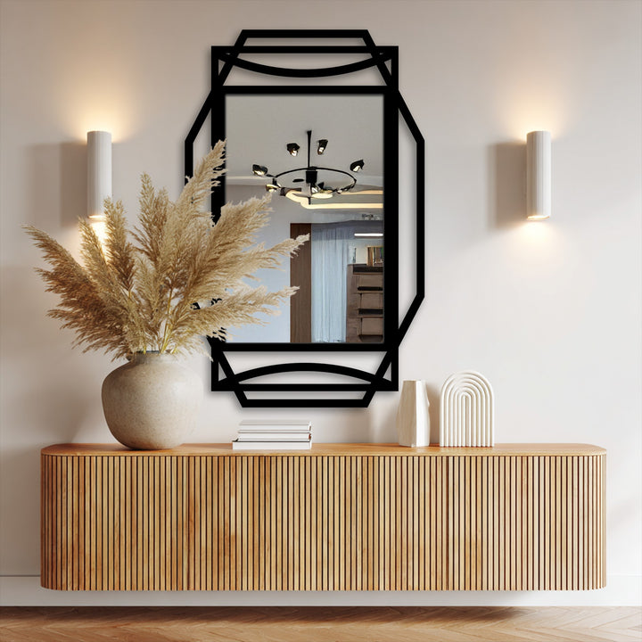 Black metal art for wall accentuates the geometric frame of this Art Deco arch rectangular mirror, giving it a sleek and modern finish.