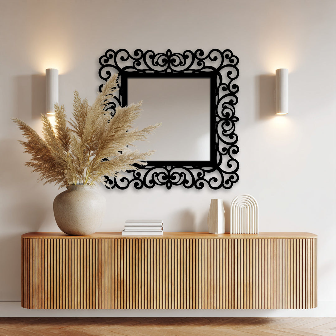 Highlighting the transition between colors, the ornate scrollwork accents on this black metal decoration wall art mirror create a mesmerizing visual depth.