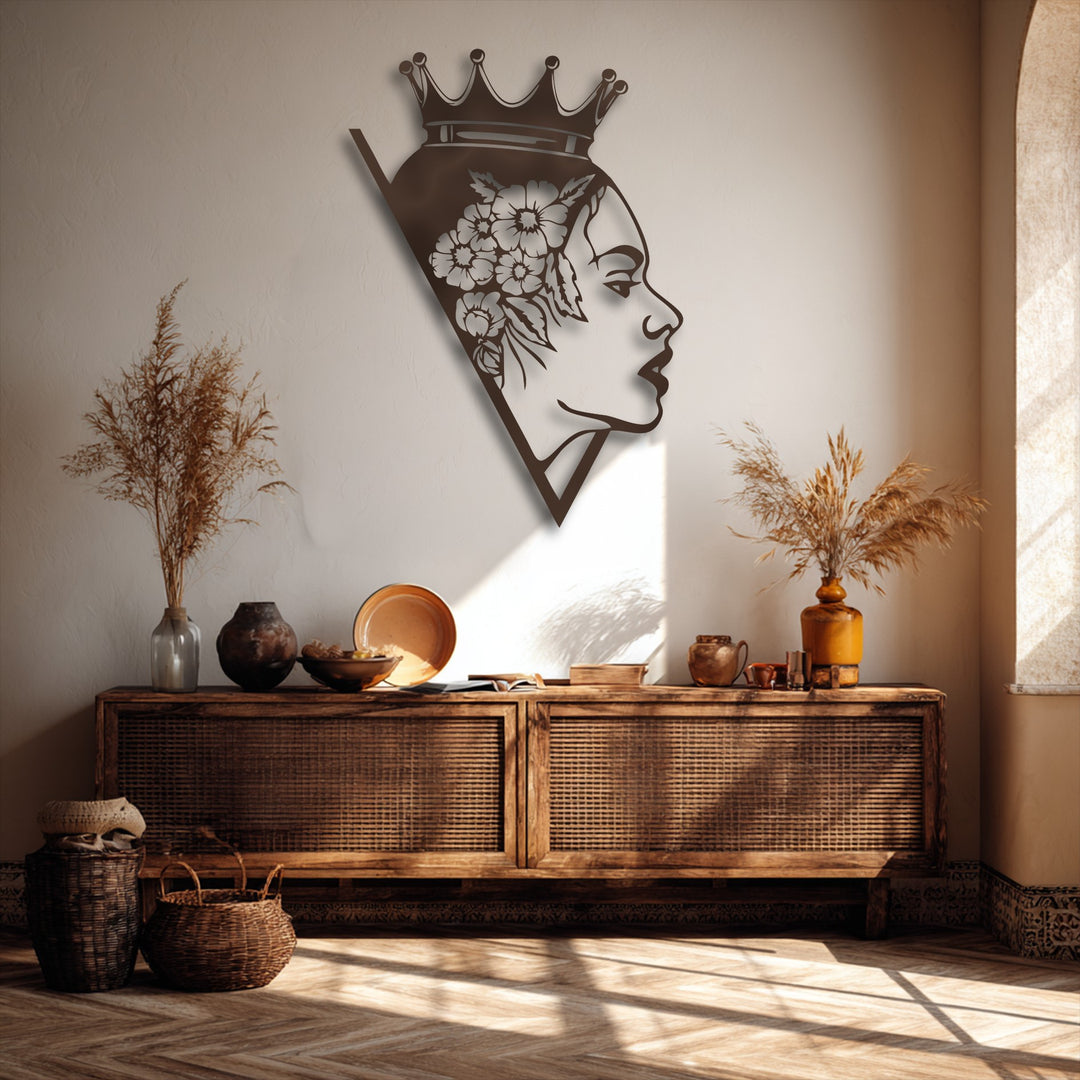 The abstract quality of the elegant crowned woman's floral profile forms a striking modern metal decoration wall art.