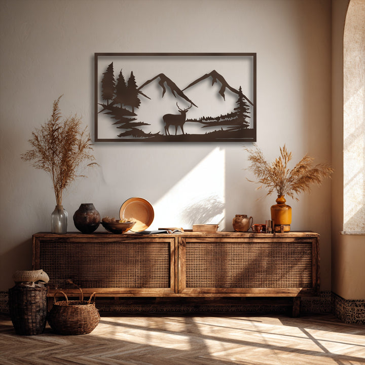 Earthy brown tones dominate this unique metal wall art featuring a majestic mountain deer silhouette and serene nature landscape.