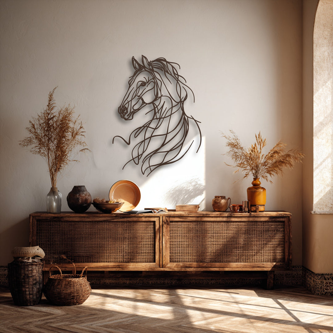 Graceful motion is captured in the flowing lines of the abstract horse metal art for wall, suggesting dynamic energy on the light-colored surface.