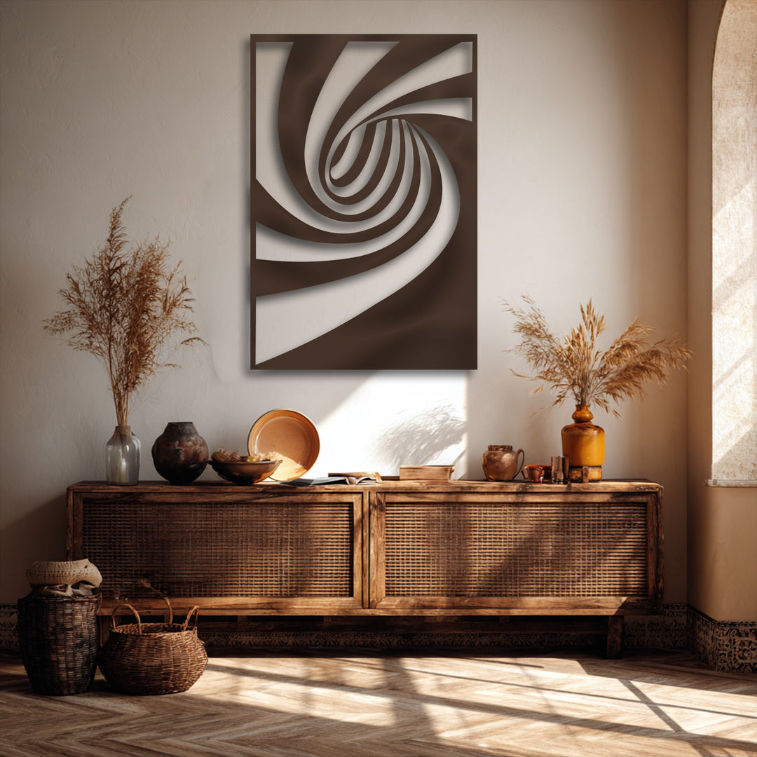 The geometric elements strikingly showcase a mesmerizing, dark brown spiraling abstract twist in this unique metal wall art.