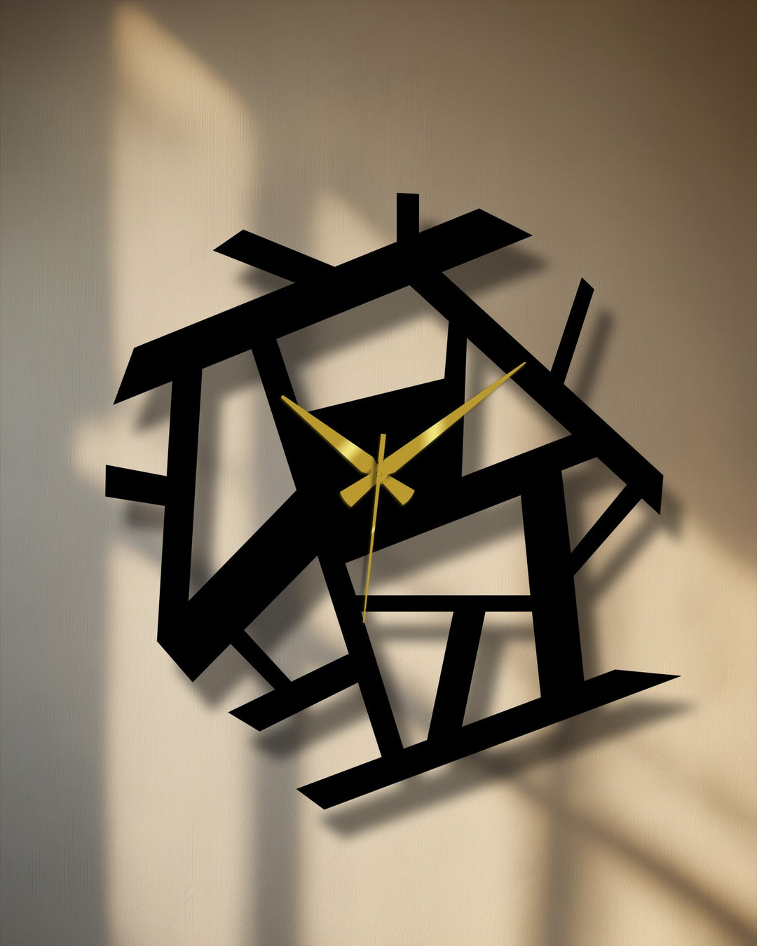 Depth is created by the layers of this abstract geometric metal wall clock, a striking piece of decorative metal art with golden hands.