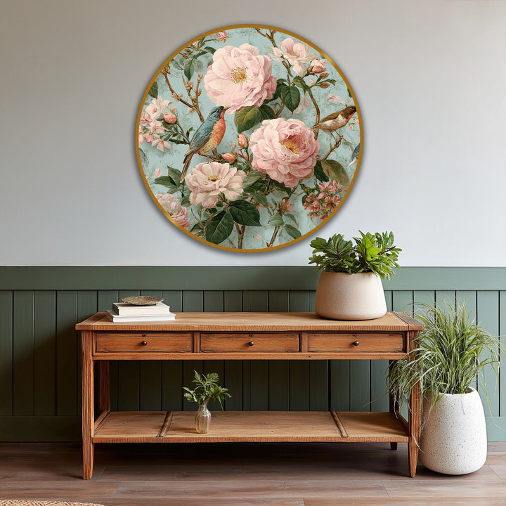 Delicate shading highlights the transitional oil painting decoration between the verdant foliage and pink blossoms of the Blossoming Garden with Songbirds Round Oil Painting.