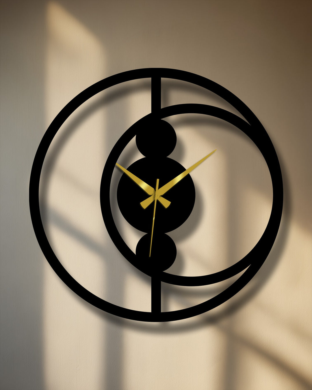 Highlighting the edge and borders, this unique metal wall art clock presents an abstract circular design with black framing creating a minimalist, modern border.