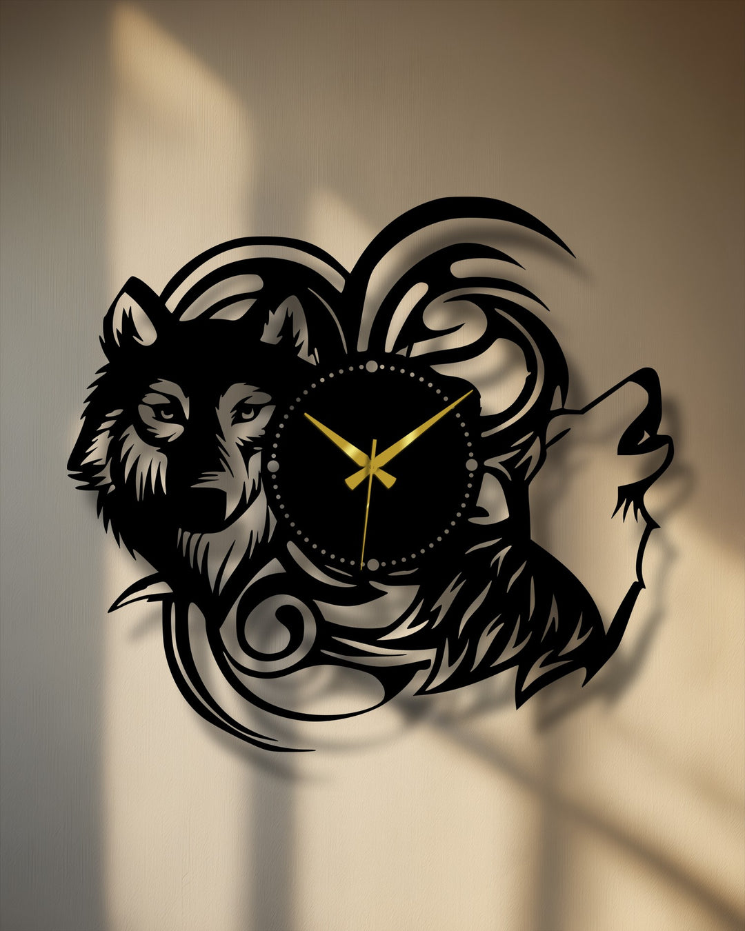 Sunlight plays across the neutral wall behind this mystic wolf silhouette metal wall clock, adding warmth to the metal artwork.