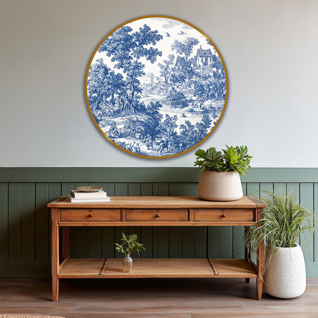 The abstract quality of the round oil painting artwork features a captivating blue toile countryside scene, presenting a visually intriguing addition to any art collection.