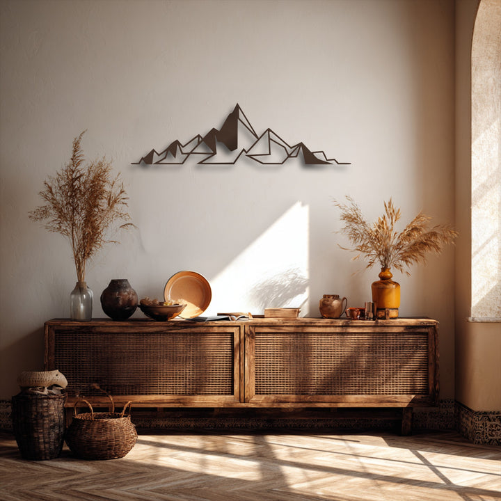 The matte finish of the minimal geometric abstract mountain metal wall decor casts elegant shadows, highlighting its sleek design.