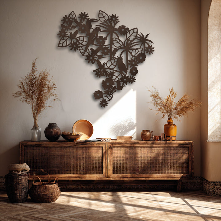 Horizontally oriented, this intricately shaped floral bird garden decorative metal art features various birds and botanical elements.