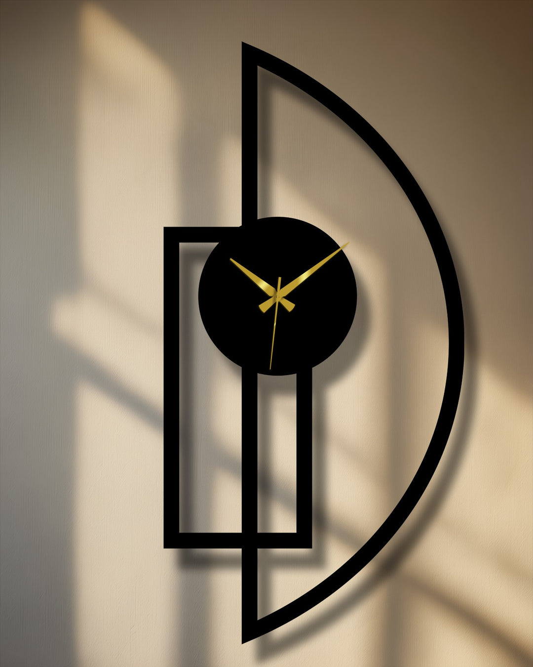 The minimalist half moon metal art for wall clock presents a striking geometric design with its bold black frame and contrasting golden clock hands.