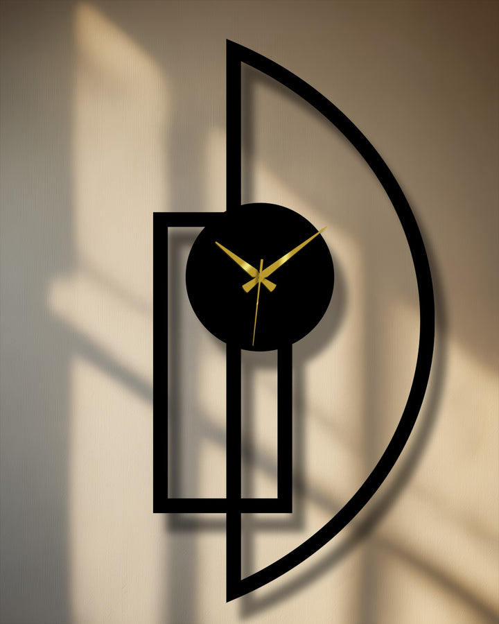 The minimalist half moon metal art for wall clock presents a striking geometric design with its bold black frame and contrasting golden clock hands.