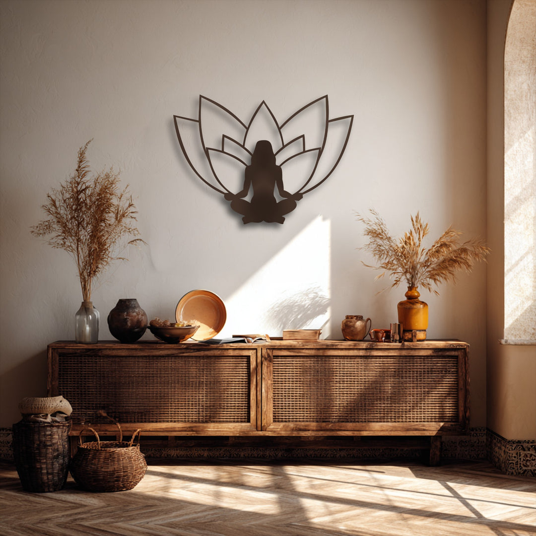 Organic forms are evident in the serene Lotus Meditation Silhouette metal art for wall, surrounded by natural elements like dried botanicals and woven textures.