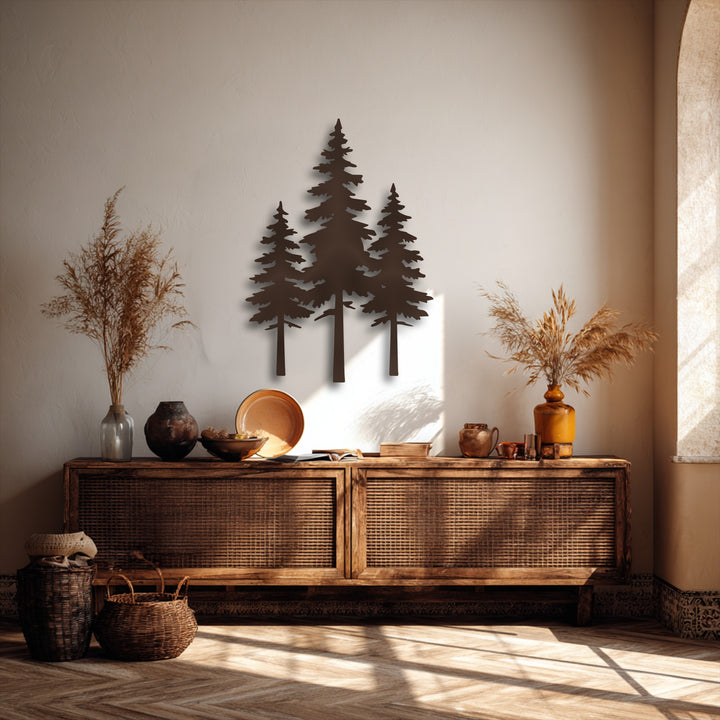 Layered shadows from the multi-dimensional pine forest silhouette metal wall decor add significant depth to the serene scene.