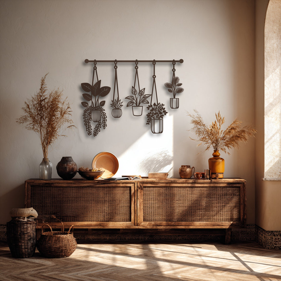 With subtle color saturation, a warm, earthy room showcases hanging plants metal wall art as contemporary metal wall decor.