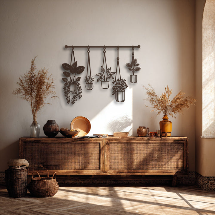 With subtle color saturation, a warm, earthy room showcases hanging plants metal wall art as contemporary metal wall decor.