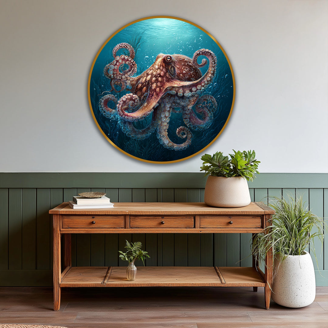 Circular frame highlights the modern oil painting art of a detailed octopus, creating geometric interest in this round marine wall art.
