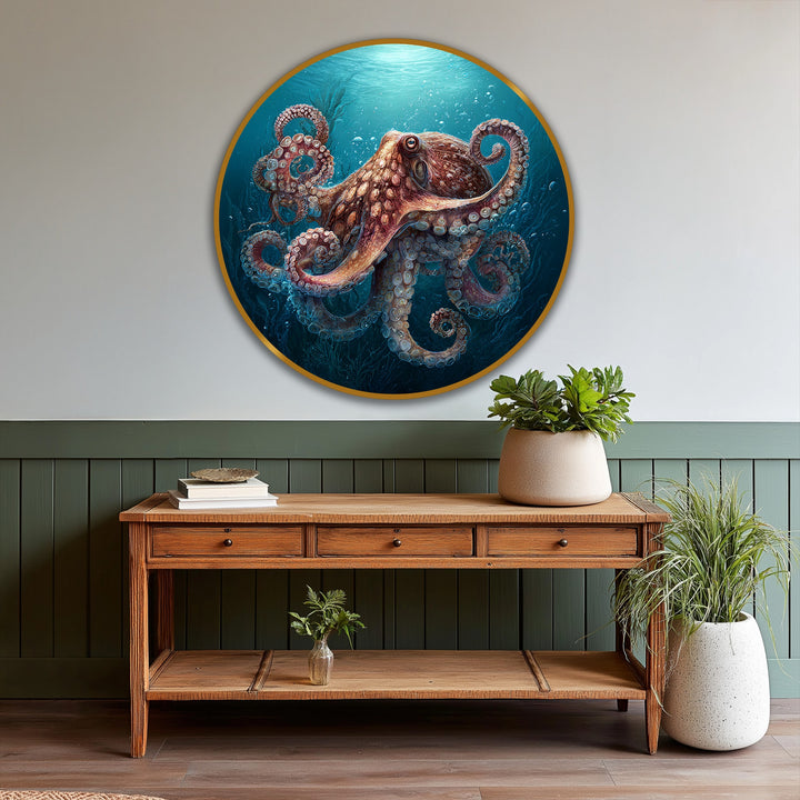 Circular frame highlights the modern oil painting art of a detailed octopus, creating geometric interest in this round marine wall art.