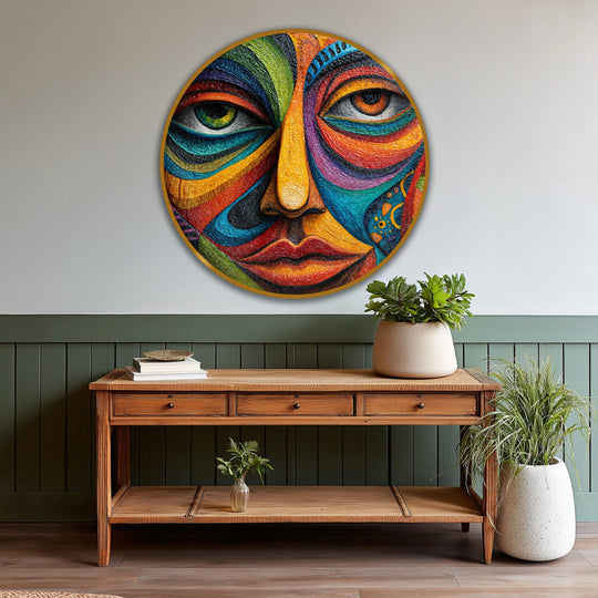 Light and shadow play across the Vibrant Mosaic Face, a colorful expressionist oil painting with a captivating interplay of hues in this modern oil painting art.