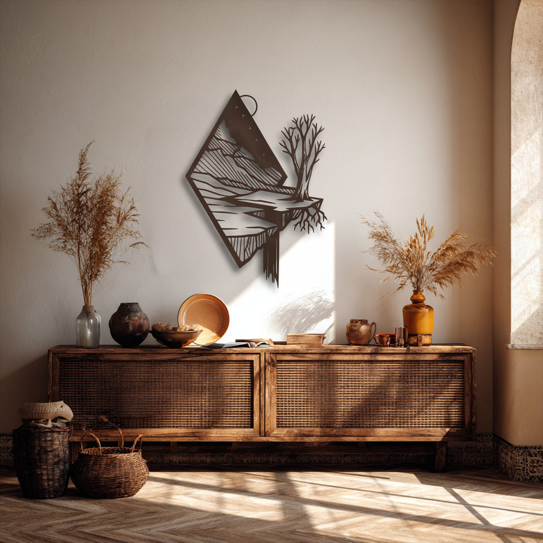 Soft, golden pampas grass arrangements frame a unique Floating Mountain Landscape decorative metal art piece, depicting a serene river and tree.