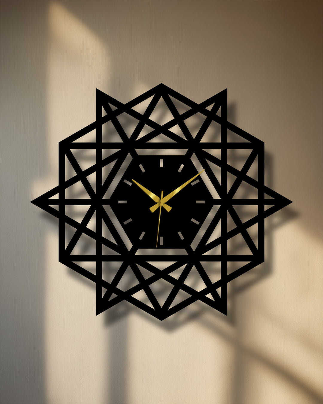 Sunlight softly illuminates the background wall behind a geometric star metal artwork clock, casting shadows that enhance its modern abstract design.