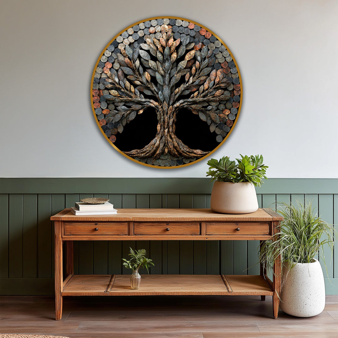 Contemplative oil painting decoration is evoked by the rustic coin tree wall art, with its wooden texture and circular form creating a serene focal point.