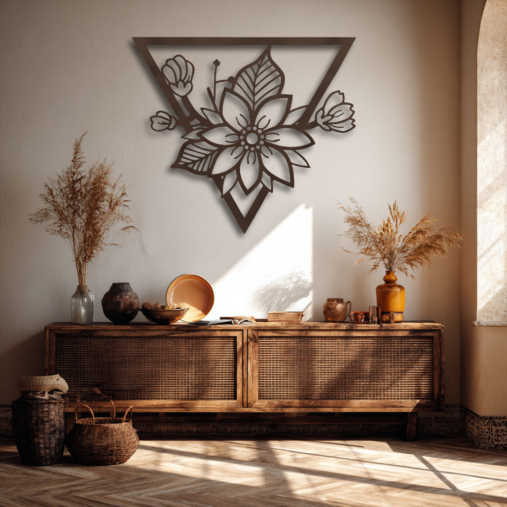 The organic forms of the delicate floral blossom and buds are beautifully showcased in this modern geometric triangle metal art for wall.