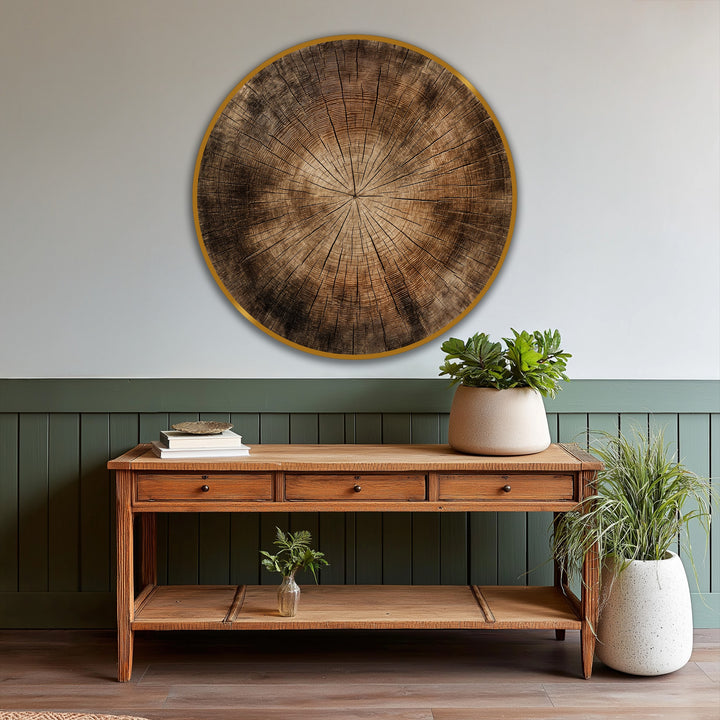 Highlighting the layering effect, this timeless growth round oil painting presents captivating depth within its realistic wood grain and invokes the artistry of oil painting art prints.