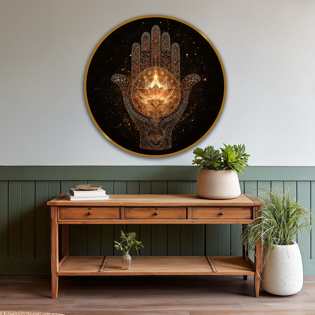 Glowing lotus within the sacred Hamsa hand is the focal point of this round oil painting artwork, a luxurious and protective spiritual wall art piece.