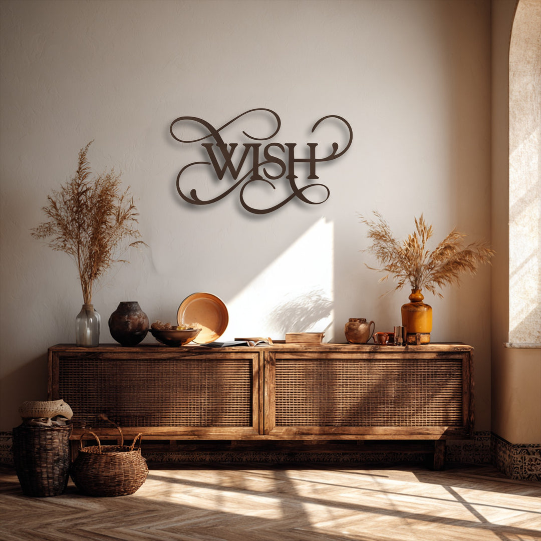 The warm color temperature of the room creates a cozy atmosphere, highlighting the elegant Wish metal wall decor with golden light.