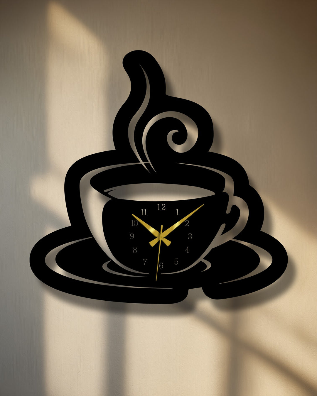 The layering effect of the black coffee cup metal art for wall creates depth with the clock's shadow and intricate steam.
