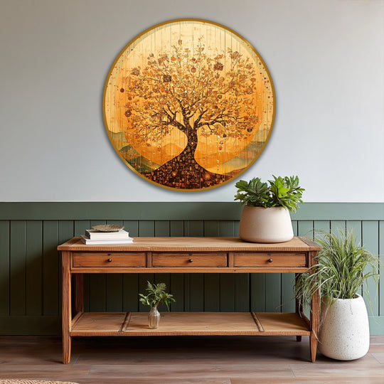 Featuring striking color contrast, the round golden Tree of Life oil painting home decor showcases the radiant tree against a muted background.