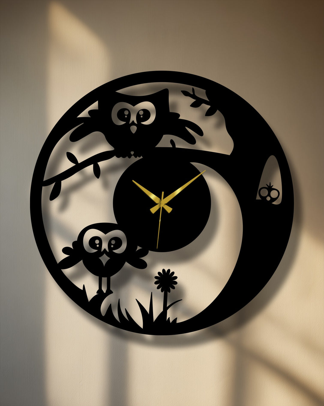 With a smooth, matte finish, this cute owl metal wall clock showcases whimsical metal art for wall, bringing a playful nature design into your home.