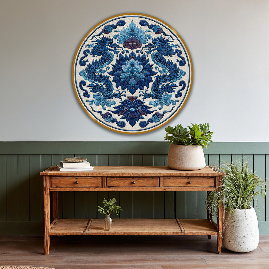 Featuring cool color temperature, a royal blue twin dragons round oil painting offers a captivating oil painting decoration for a serene ambiance.